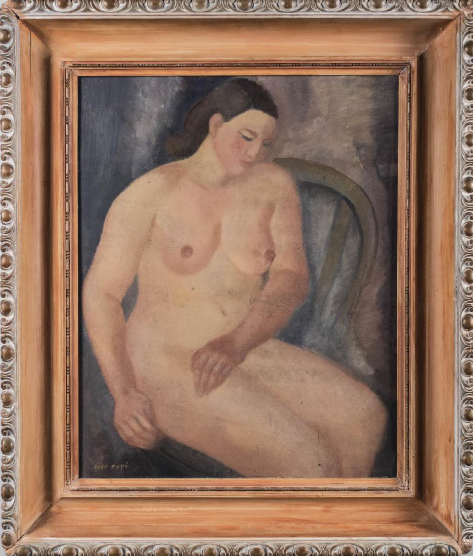 Ines Puyo (Chilean, 1906-1996): Nude. Oil on canvas, 20th century. Signed lower left. Canvas size 24 x 20 inches. Framed. Notice to bidders: Condition reports and additional photographs are provided by request as a courtesy to our c