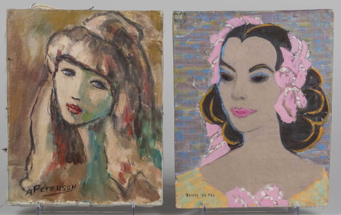 Pair of Small Portraits of Women: Two women, one signed 'Bessie DeFeo' and the other 'A. Peterson.' Oil on canvas and oil on board, 20th century. Approximate size 10 x 8 inches. Notice to bidders: Condition reports and additional phot