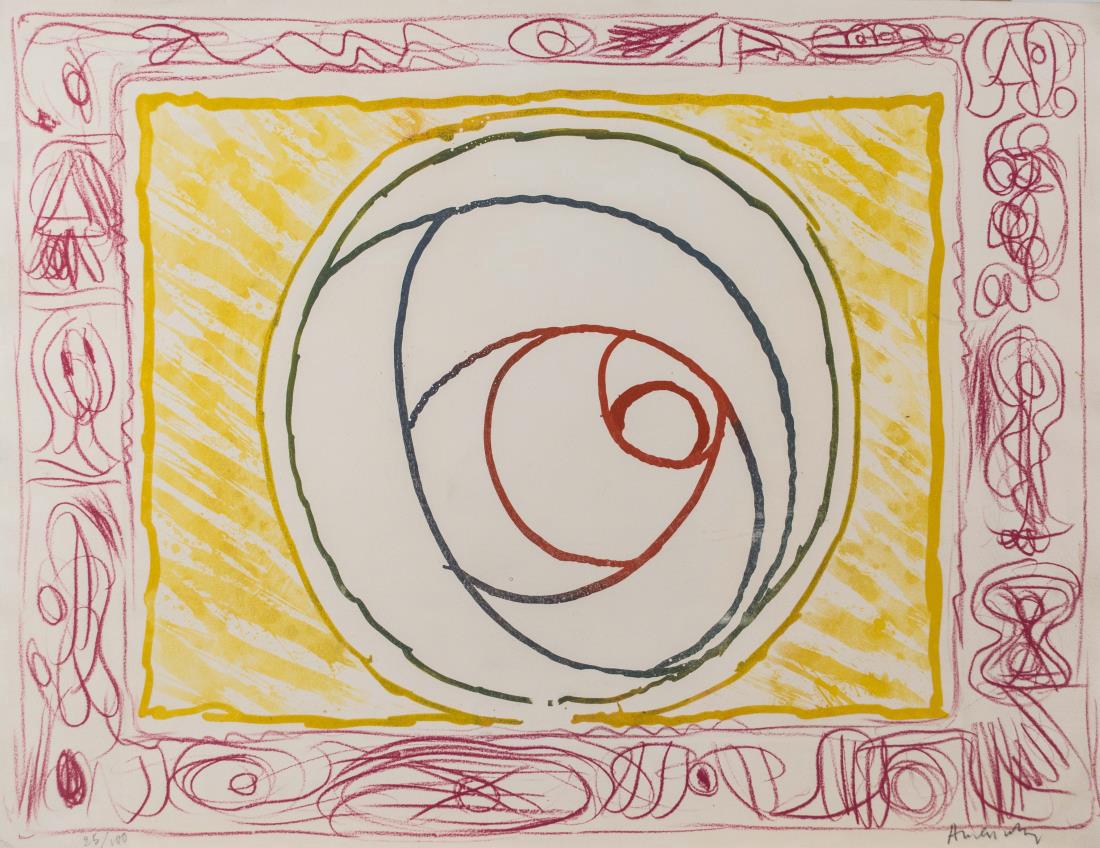Pierre Alechinsky (French, b. 1927): Graffiti Selenite. Etching printed in colors, with lithograph. Signed lower right and numbered 25/100 lower left. Sheet size 20.5 x 26 inches. Notice to bidders: Condition reports and additional photo