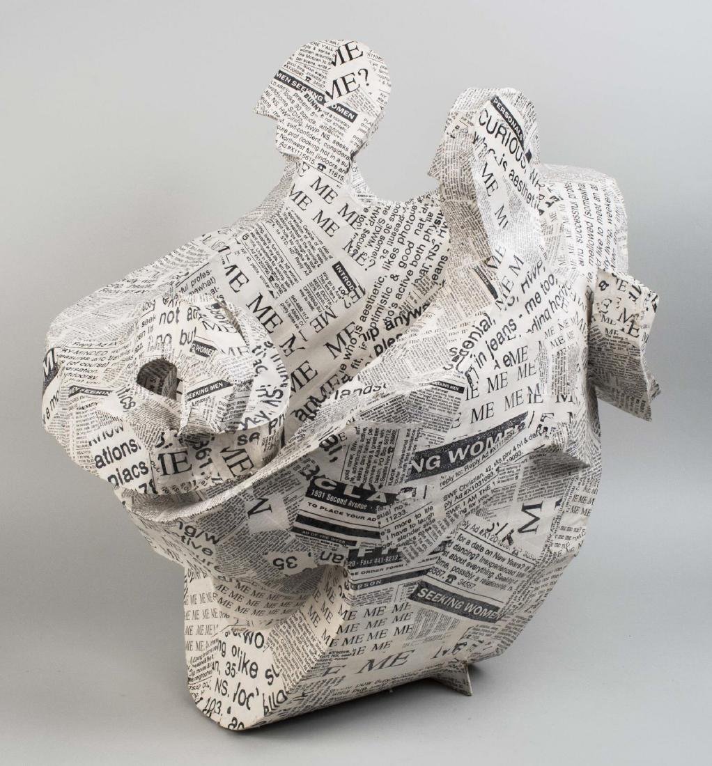 Paper Mache, Couple Sculpture: Abstracted intertwined figures, made from personal ads. Paper mache, 20th century. Height 26.5 inches. Notice to bidders: Condition reports and additional photographs are provided by request as a cour