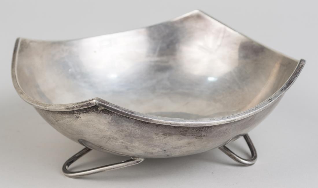 Mexican Silver Footed Bowl: Square with upturned corners. Height 2 1/2 inches, 330 grams. Notice to bidders: Condition reports and additional photographs are provided by request as a courtesy to our clients, as such any conditio