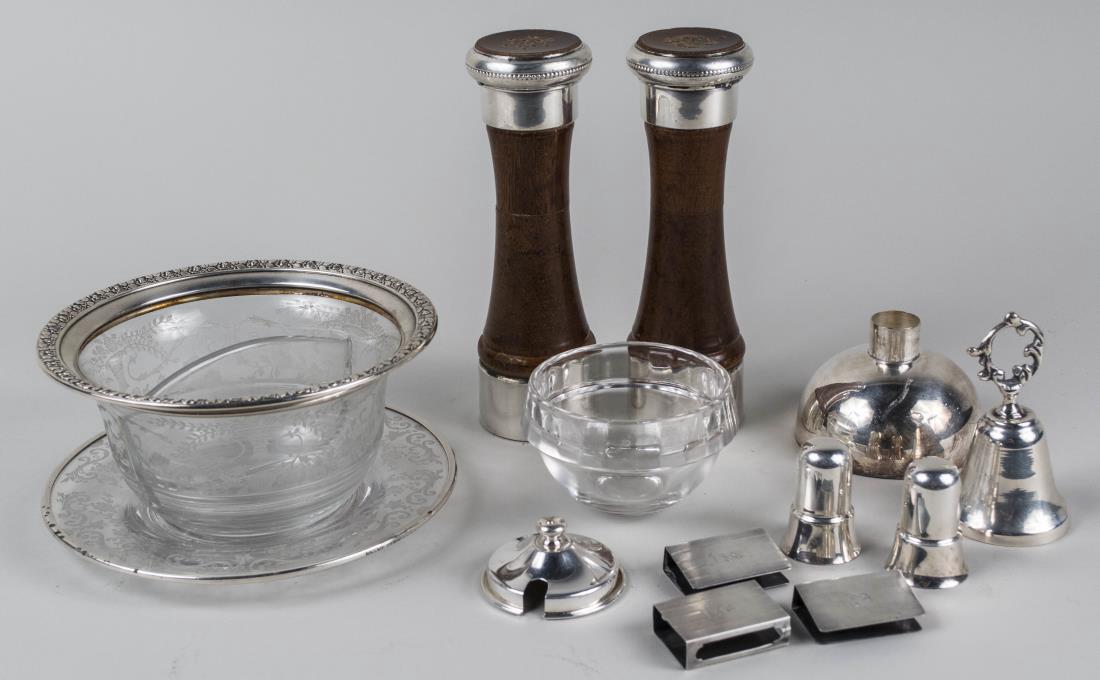 Group of Silver and Glass Table Articles: Including a pair of sterling mounted shakers, sterling silver mounted divided dish, pair of thimble shaped cups, etc. Notice to bidders: Condition reports and additional photographs are provided by re