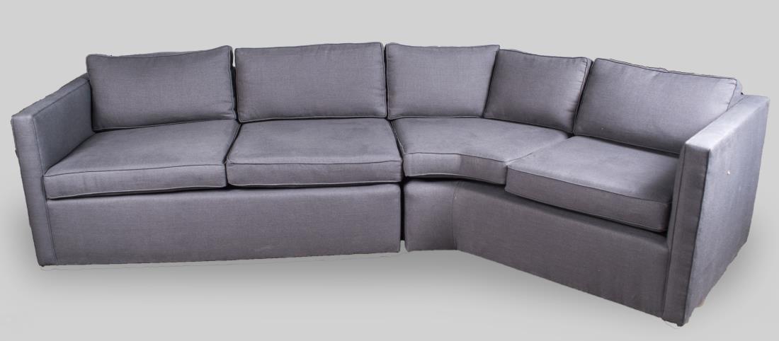 Harvey Probber Sectional Sofa: Two asymmetrical sections with back and seat cushions. Height 26 inches, width 117 inches, depth 60 inches. Notice to bidders: Condition reports and additional photographs are provided by request as a