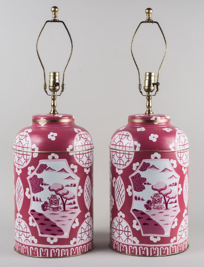Pair of Single Light Table Lamps: Rose painted milk can lamps with Chinoiserie decoration. Base, height 17 inches. Notice to bidders: Condition reports and additional photographs are provided by request as a courtesy to our clients, a