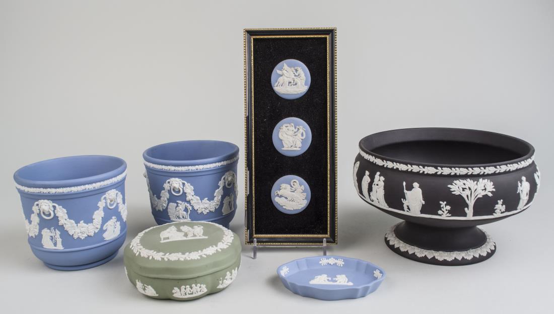 Group of Wedgwood Jasperware Articles: Pedestal bowl, height 5 inches, diameter 8 1/2 inches. Notice to bidders: Condition reports and additional photographs are provided by request as a courtesy to our clients, as such any condition repor