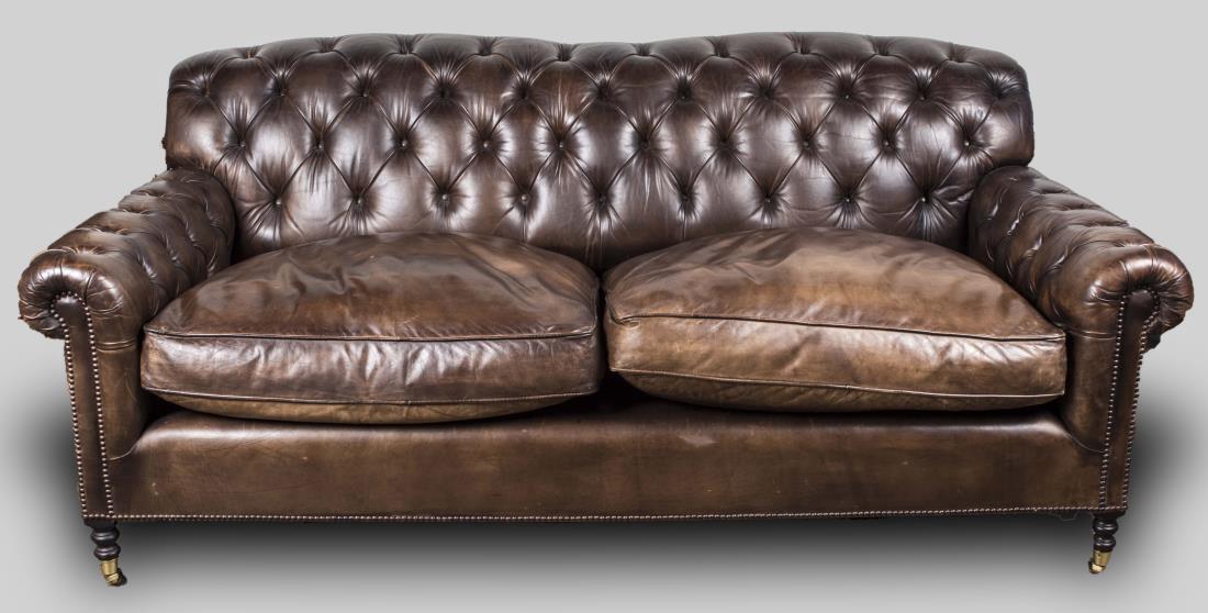 George Smith Tufted Leather Sofa: Height 34 inches, width 6 feet 8 inches, depth 44 inches. Notice to bidders: Condition reports and additional photographs are provided by request as a courtesy to our clients, as such any condition re