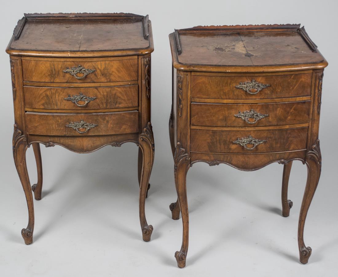 Pair of Louis XV Style Commodes: Height 27 inches, width 17 inches, depth 14 inches. Notice to bidders: Condition reports and additional photographs are provided by request as a courtesy to our clients, as such any condition report i