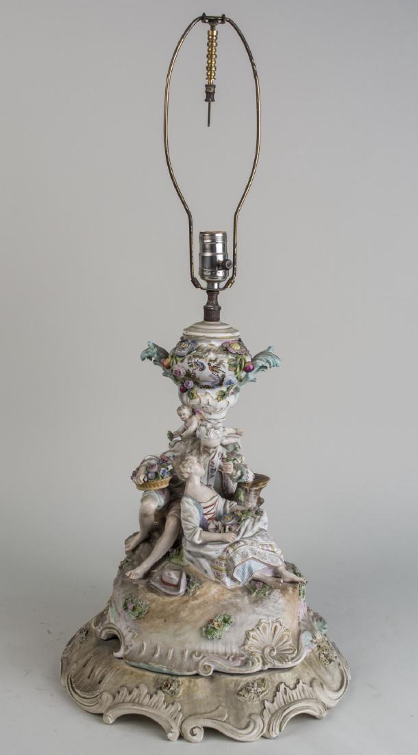 Porcelain Figural Lamp: Meissen style, single light lamp with female figures and polychrome flowers. Height 15 1/2 inches. Notice to bidders: Condition reports and additional photographs are provided by request as a courtesy