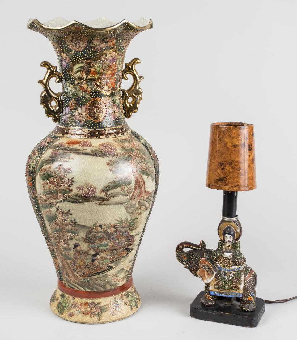 Japanese Ceramic Vase and Figural Lamp: In the style of Nippon, a two handle vase and a boudoir lamp with polychrome decoration and gilt highlights. Vase, height 18 1/4 inches. Notice to bidders: Condition reports and additional photographs