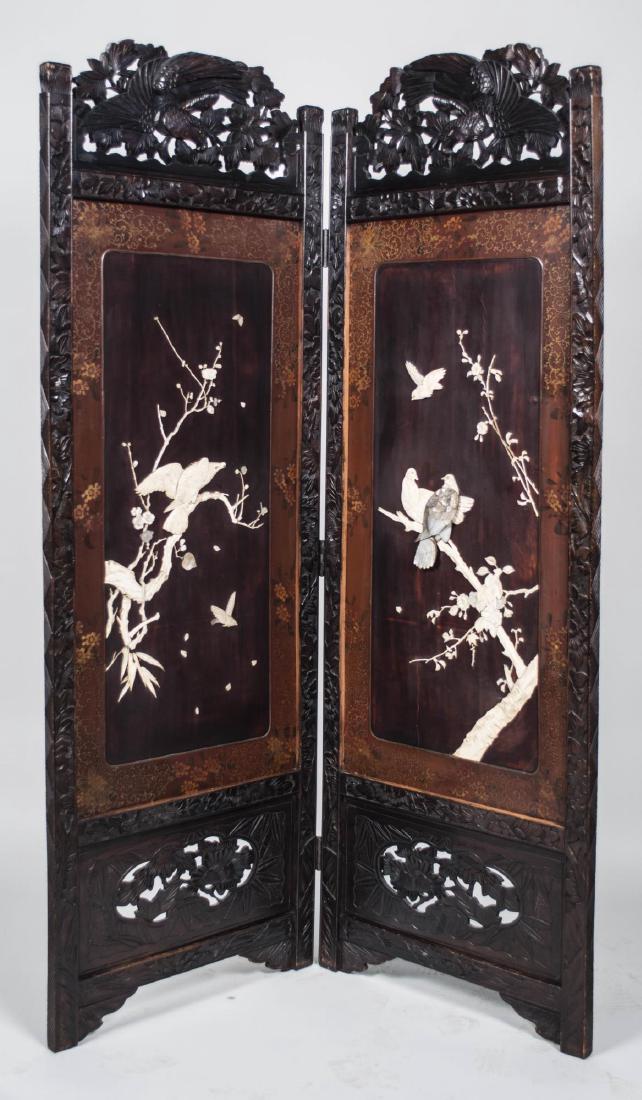 Chinese Two Panel Floor Screen: Carved bone bird decoration. Height 72 inches, each panel, width 25 inches. Notice to bidders: Condition reports and additional photographs are provided by request as a courtesy to our clients, as suc