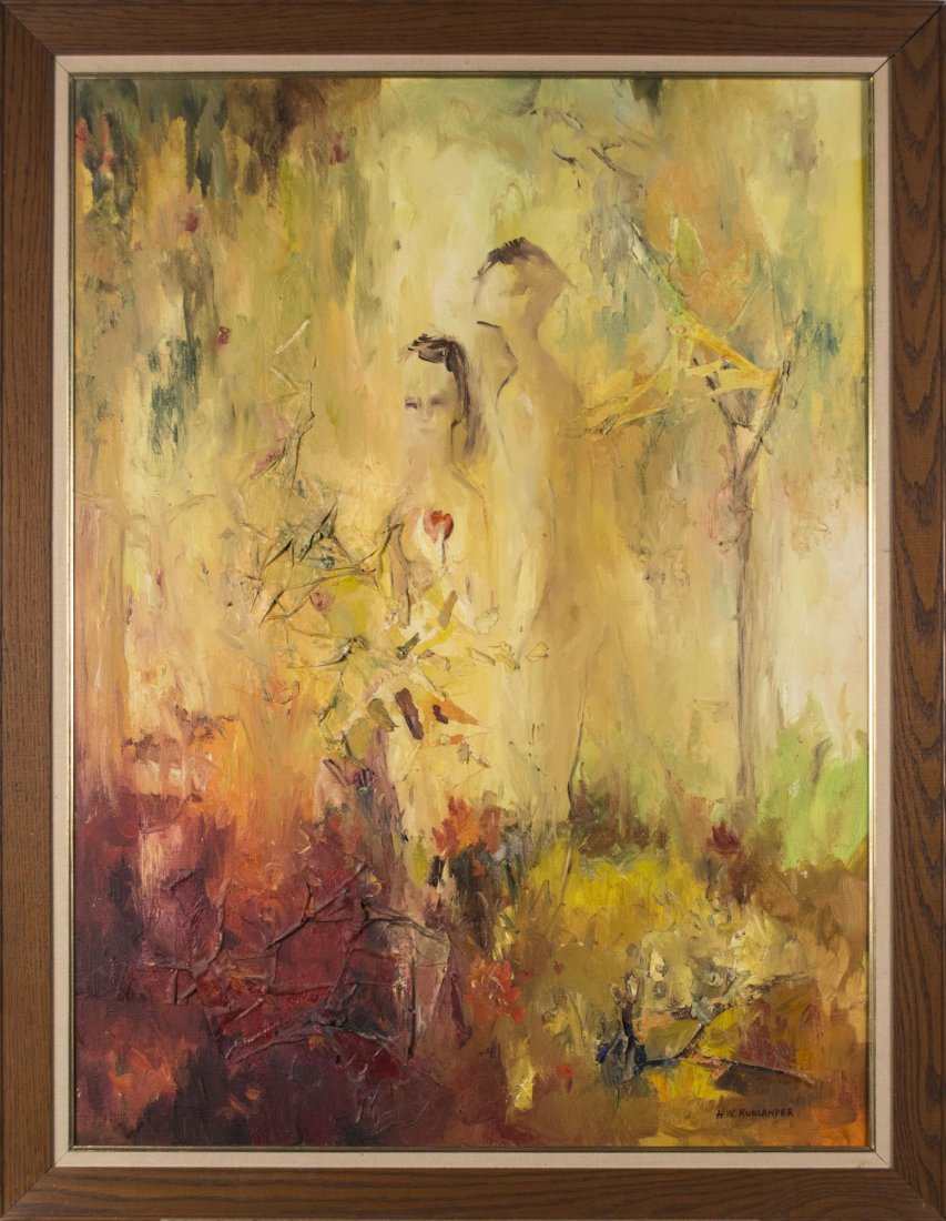 Honey W. Kurlander (American, b.1929): Adam and Eve. Oil on canvas, 20th century. Signed 'H.W. Kurlander' lower right. Canvas size 40 x 29.5 inches. Framed.