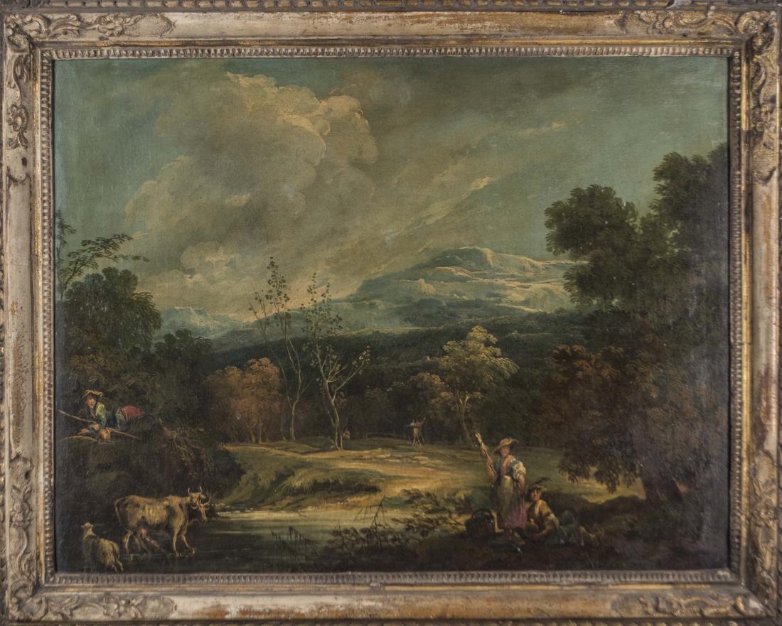 Circle of Francesco Zuccarelli (It.,1702 - 1788): Peasants by a Stream. Oil on canvas. Unsigned. Canvas size 20 x 27 inches. Framed. Notice to bidders: Condition reports and additional photographs are provided by request as a courtesy to our clients,