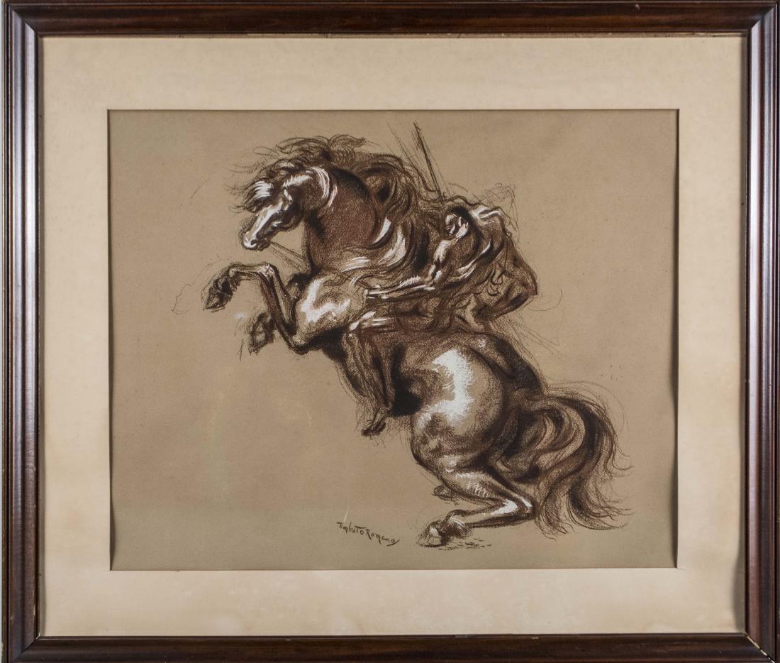 Umberto Romano (Italian/American, 1905 - 1984): Horse and Rider. Charcoal and conte crayon on paper, 20th century. Signe lower left. Sight size 19.5 x 23.5 inches. Matted and framed. Notice to bidders: Condition reports and additional photographs a