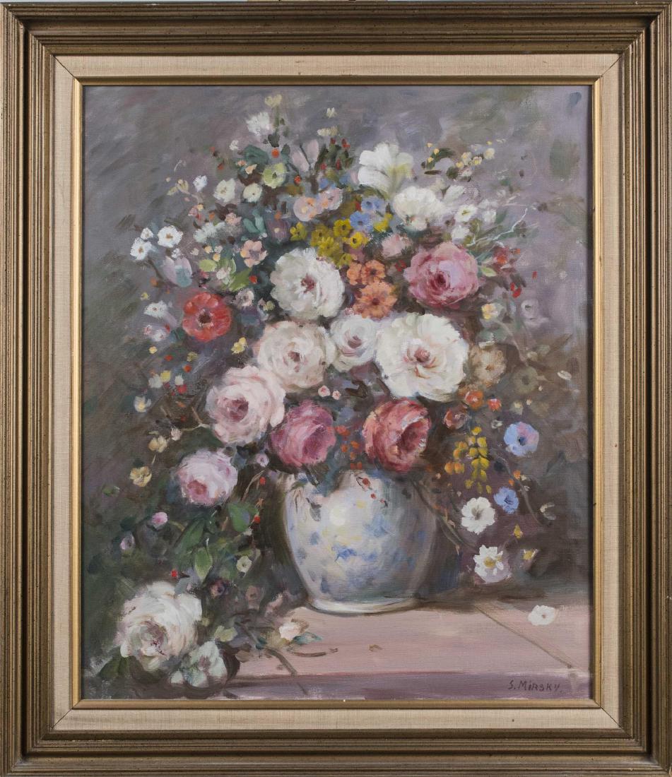 Samuel Mirsky (Russian/American, 1883-1980): Floral Still Life. Oil on canvas, 20th century. Signed lower right. Canvas size 324 x 20 inches. Framed. Notice to bidders: Condition reports and additional photographs are provided by request as a co