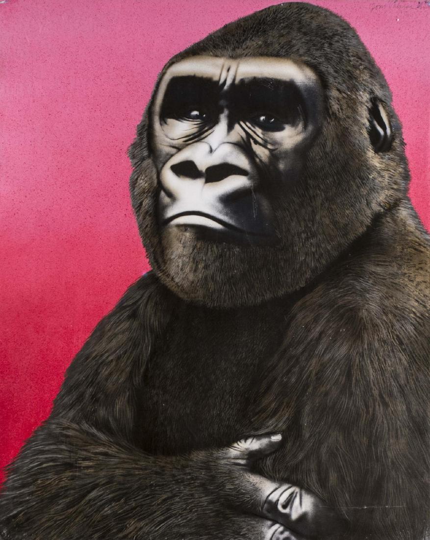 Tom Palmore (American, 20th Century): Gorilla in Red. Lithograph, 1976. Signed upper right. Signed, dated and titled on the verso. Sheet size 30 x 24 inches. Framed. Notice to bidders: Condition reports and additional photographs are prov