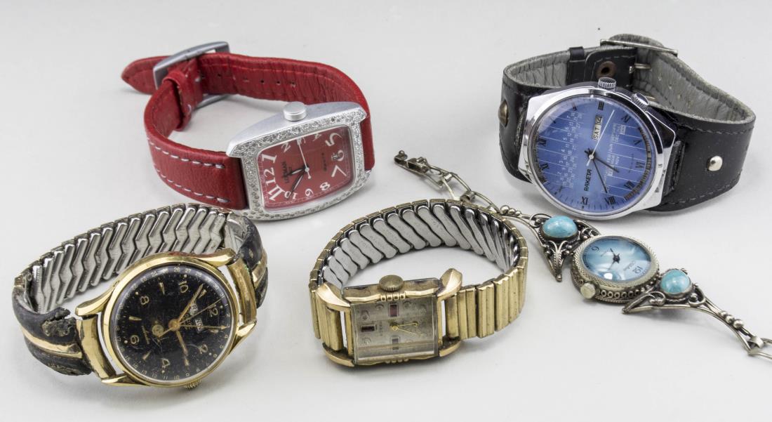 Group of Vintage Fashion Watches: Comprising Locman, Zodiac, Norman, Raketa and Croka. Notice to bidders: Condition reports and additional photographs are provided by request as a courtesy to our clients, as such any condition report 