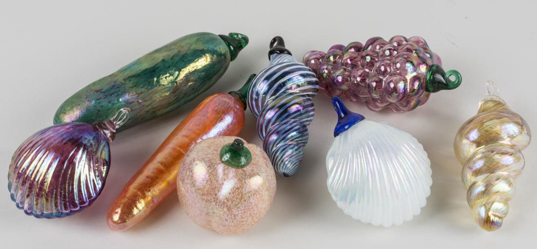 Group of Glass Fruit and Seashells: Various assorted fruits and seashells, including carrot, cucumber, grapes, etc. Various sizes. Notice to bidders: Condition reports and additional photographs are provided by request as a courtesy to 