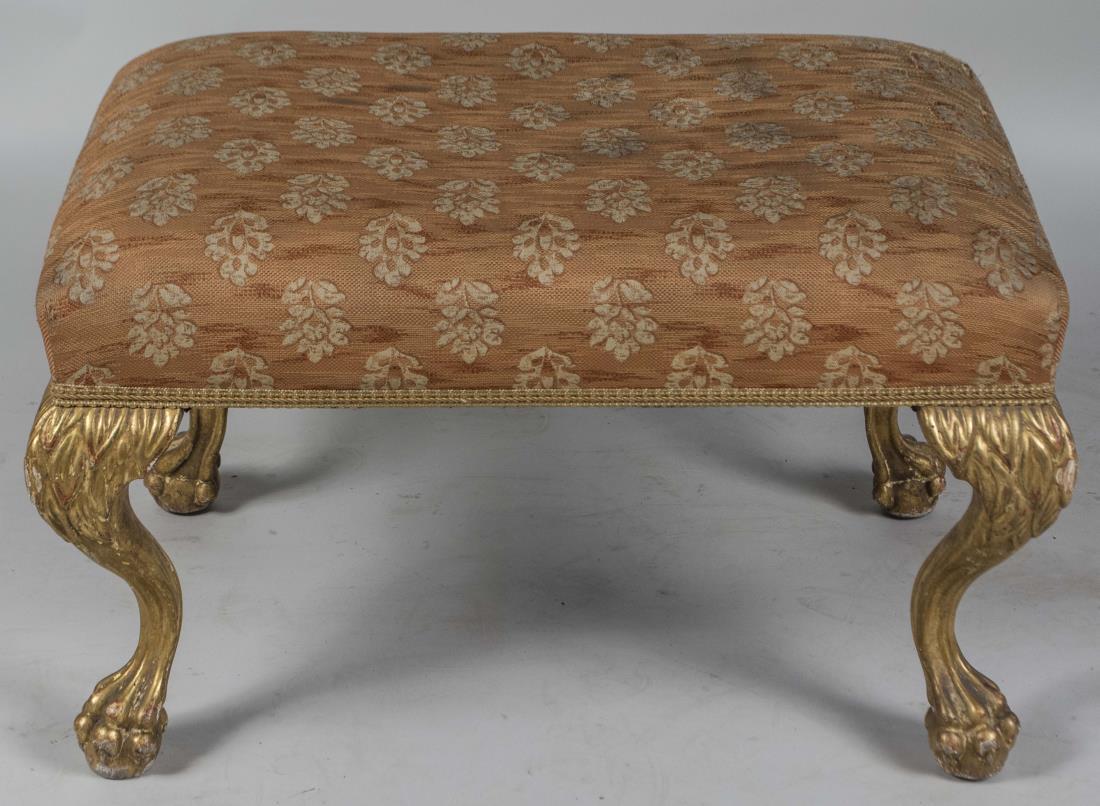 Louis XIV Style Upholstered Footrest: Rectangular upholstered top on gilt cabriole legs. Height 20 inches, width 32 inches, depth 22 inches. Notice to bidders: Condition reports and additional photographs are provided by request as a cour
