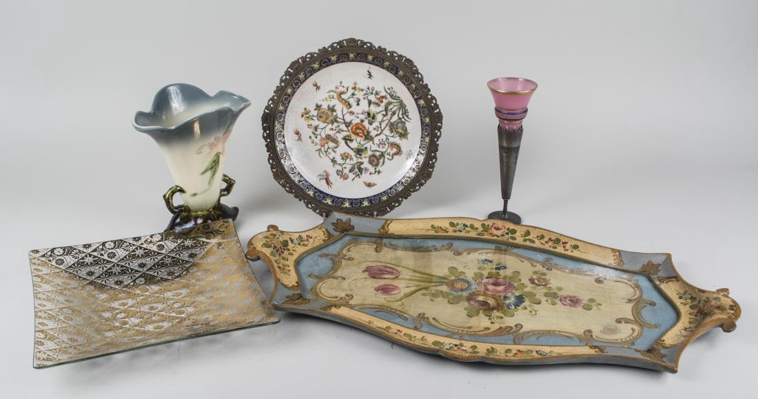 Group of Table Decorations: Including a painted wood tray, a metal and glass trumpet vase, square glass tray, etc. Wood tray. length 20 inches. Notice to bidders: Condition reports and additional photographs are provided by requ