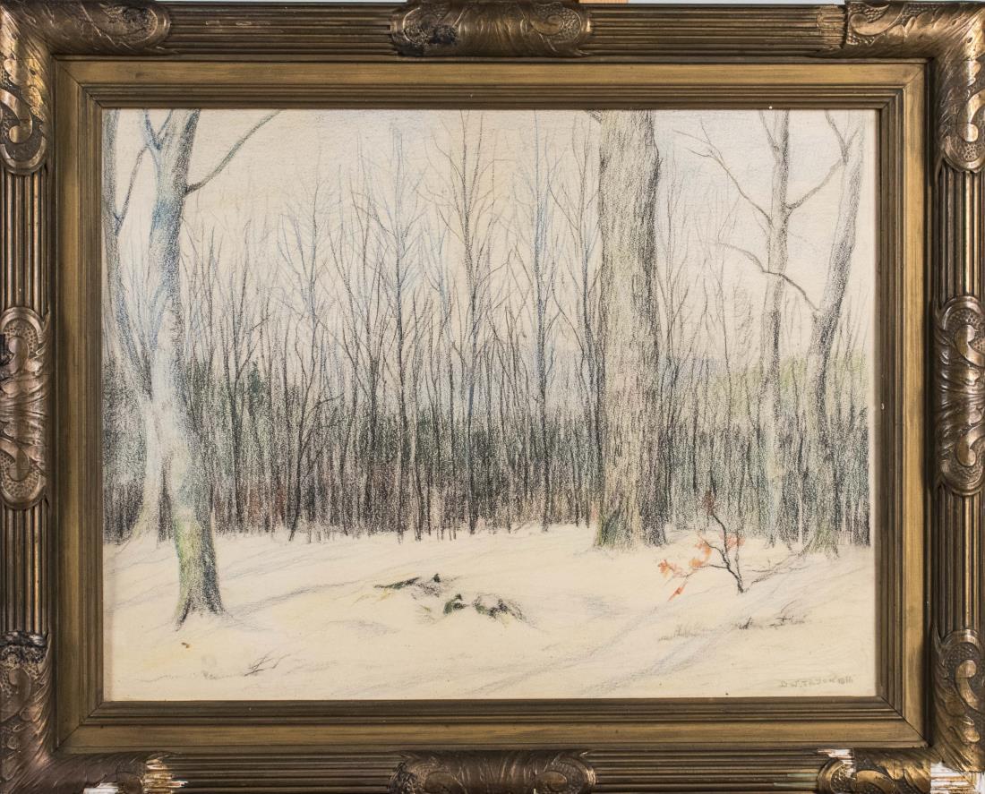 Dwight Tryon (American, 1849 - 1925) *: Forest in Winter. Pastel on paper, 1916. Signed 'D.W. Tryon' and dated lower right. Sight size 15 x 19.25 inches. Framed. Notice to bidders: Condition reports and additional photographs are provided b