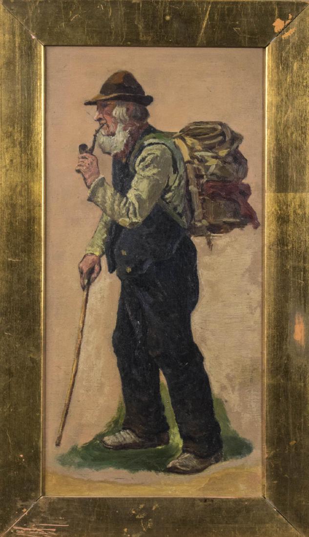 Continental School, Oil of an Old Vagabond: Old Wan with a Pack, Pipe and Walking Stick. Oil on cardboard, 20th century. Unsigned. Board size 12 x 6 inches. Framed. Notice to bidders: Condition reports and additional photographs are provided by