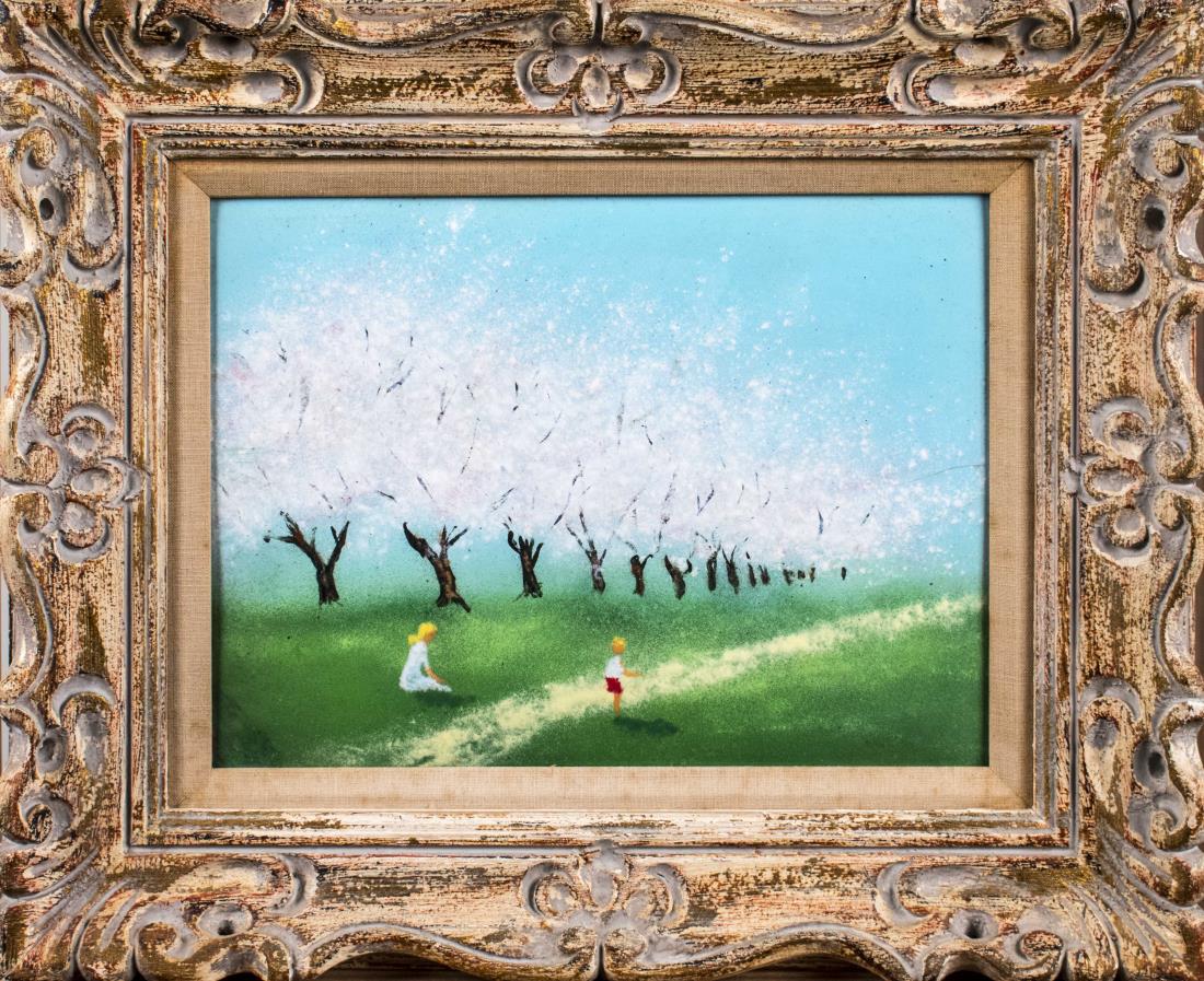 Max Karp, Enamel on Copper Painting: Children Walking Through Cherry Blossom Trees. Enamel on copper. Sight size 8.5 x 11.5 inches. Notice to bidders: Condition reports and additional photographs are provided by request as a courtesy to