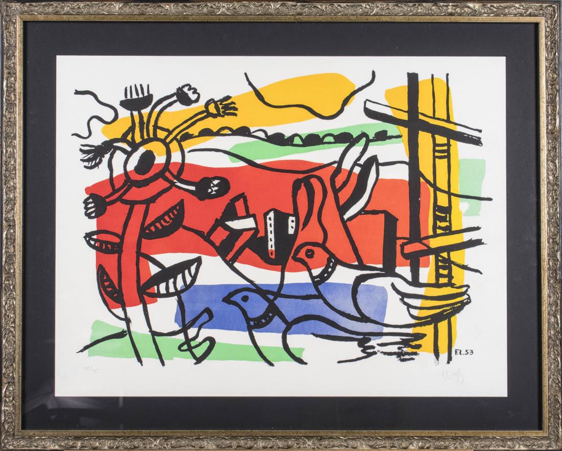 After Fernand Leger Lithograph *: Lithograph, 1953. Bears signature 'Leger' and again with the date in plate. Numbered 10/75 lower left. Sight size 18 x 24 inches. Matted and framed. Notice to bidders: Condition reports and additional