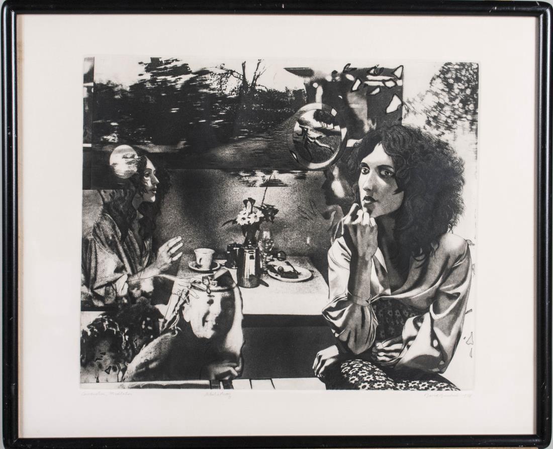David Bumbeck (American, b. 1940) *: Conversation, Mediation. Etching and aquatint, 20th century. Signed, titled and designated 'Artists Proof;' in the lower margin. Plate size 14.25 x 17.5 inches. Matted and framed. Notice to bidders: C