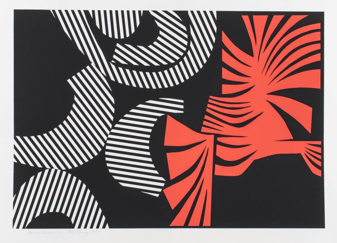 Harold Krisel (American, 1920-1995): Abstract composition. Lithograph, 20th century. Signed. Sheet size 30 x 22 inches. Notice to bidders: Condition reports and additional photographs are provided by request as a courtesy to our clients,