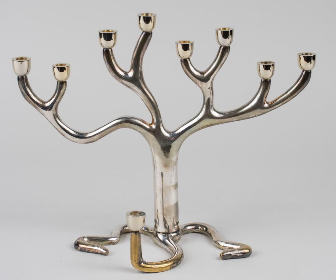 Sandra Kravitz for Rosenthal Tree of Life Menorah: Silver plated, in the form of a stylized tree. Height 8 7/8 inches. Notice to bidders: Condition reports and additional photographs are provided by request as a courtesy to our clients, as such any co