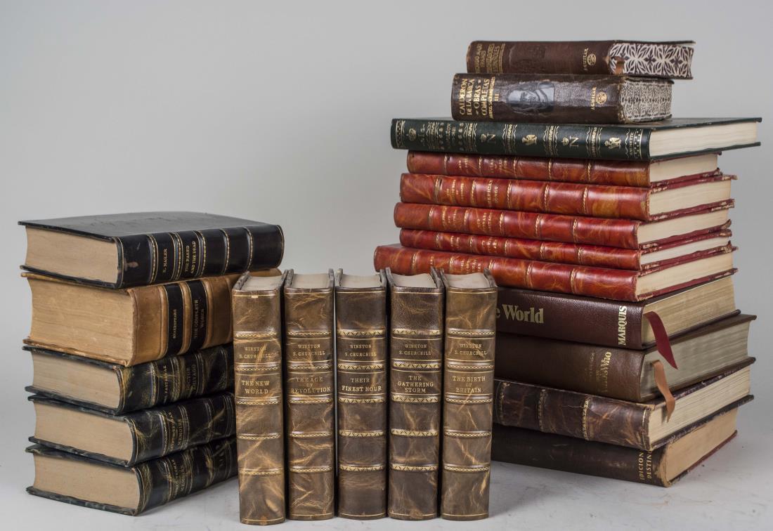 Miscellaneous Group of Leather Bound Books: Approximately twenty two volumes, various authors and subjects, including a five volume set of the works of Winston Churchill, a two volume set of the memoirs of Harry S. Truman, reference books, etc.