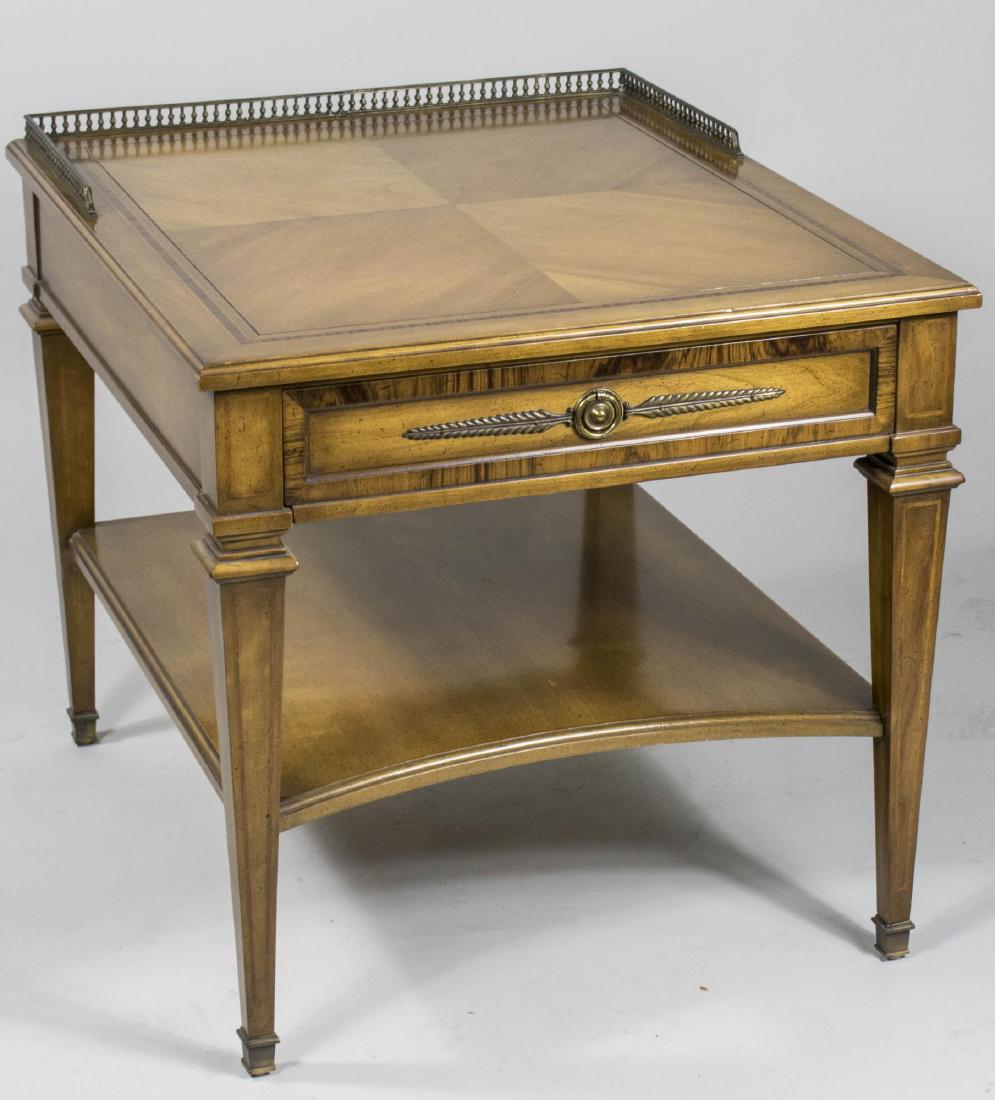 Weiman Fruitwood Side Table: Rectangular top with brass gallery over a single drawer, tapered square legs. Height 23 inches, width 23 inches, depth 27 inches. Notice to bidders: Condition reports and additional photographs are pr