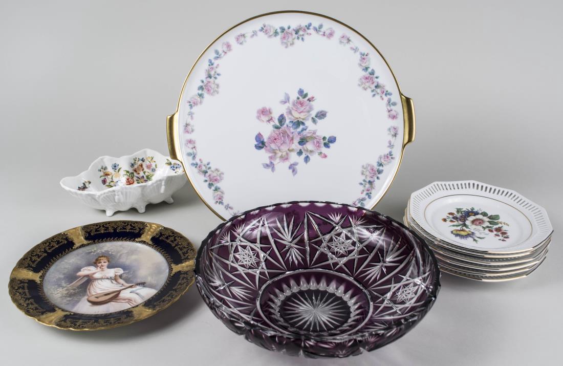 Group of Porcelain and Glass Table Decorations: Comprising a cut glass center bowl, a set of six German porcelain dessert plates, a German porcelain cake plate, marked for Alboth and Kaiser, an Ansley porcelain candy dish and a Limoges porcelain ca