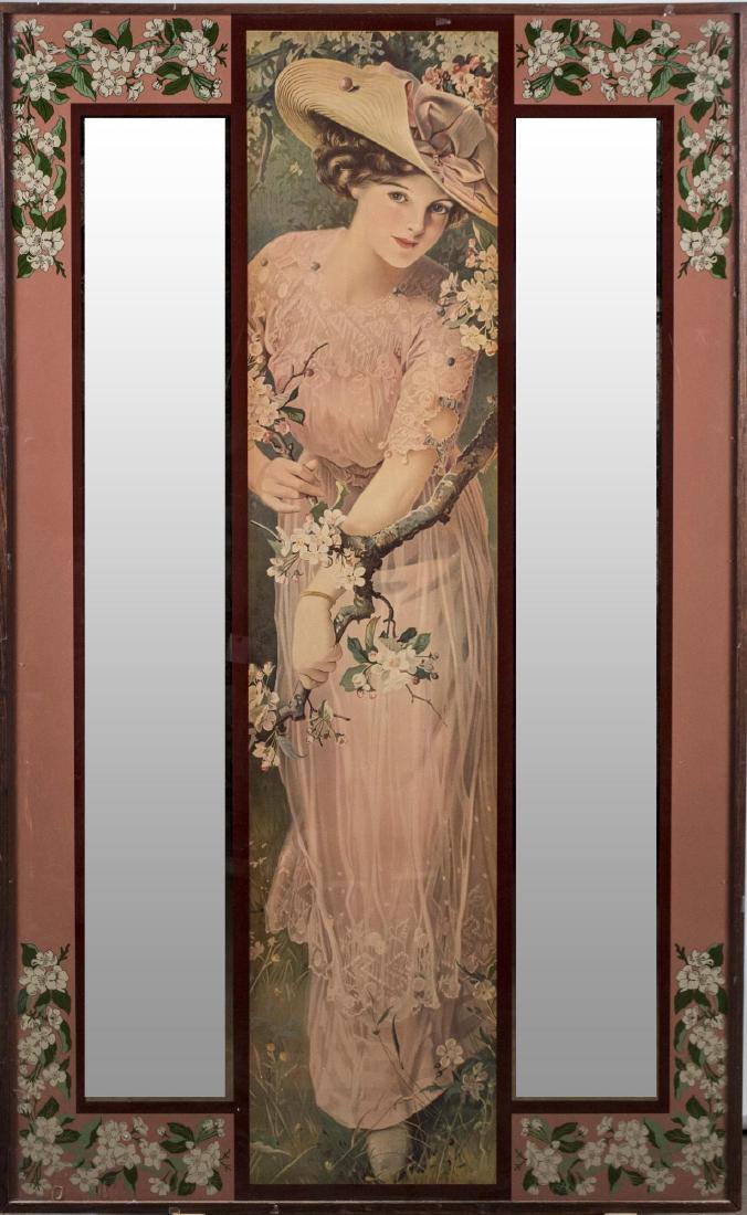 Art Nouveau Reverse Printed Glass Mirror: Woman Walking through Blooms. Reverse printed glass with two mirror reserves on either side, 19th/20th century. 56 1/2 x 35 inches. Notice to bidders: Condition reports and additional photographs are