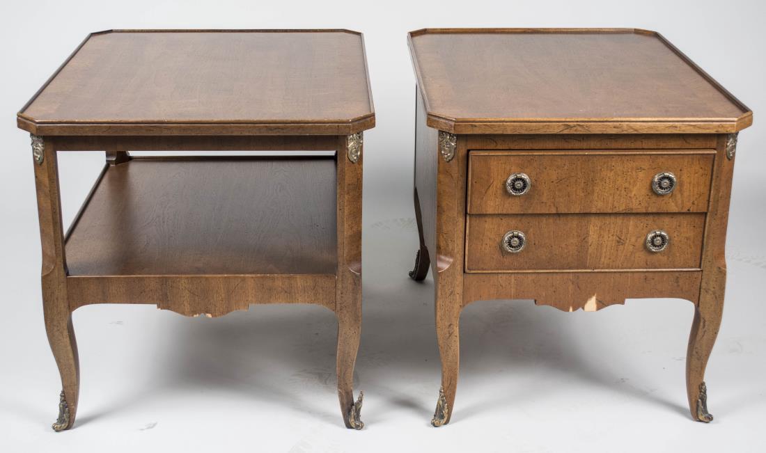 Two Henredon Fruitwood End Tables: Both with rectangular dished top with cut corners, one with two drawers, the other with an open medial shelf. Height 23 inches, width 23 inches, depth 27 inches. Notice to bidders: Condition reports a