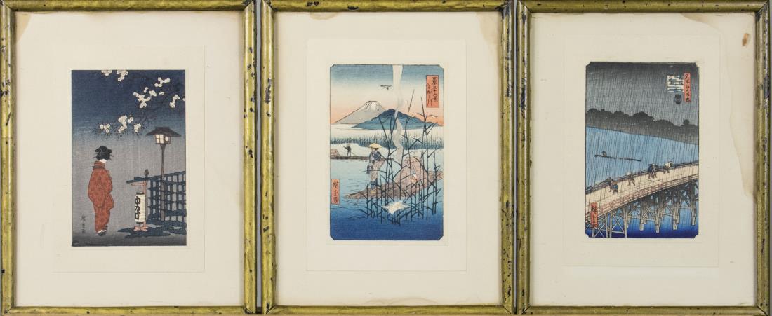 Three Small Japanese Woodblock Prints: One After Ando Hiroshige (Japanese, Ohashi, Sudden Shower at Atake from the series 100 Famous Views of Edo. The other of a woman standing outside of a building and a man fishing in a lake. Woodblock p