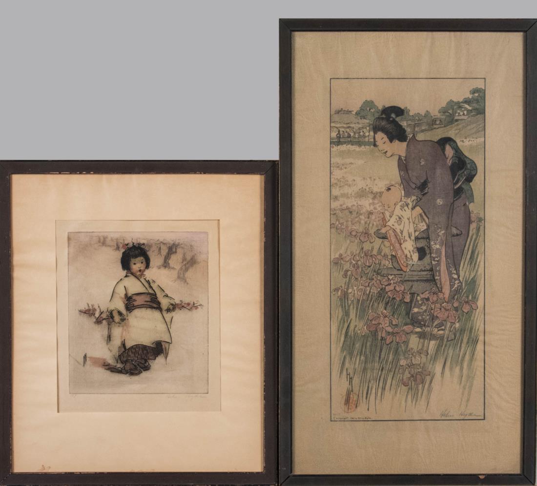 Two Helen Hyde Prints: Woman with a Baby and a Little Girl in Kimono. Woodblock prints, 20th century. Signed in the lower right. Larger image size 14.5 x 6.75 inches. Both framed. Notice to bidders: Condition reports and ad