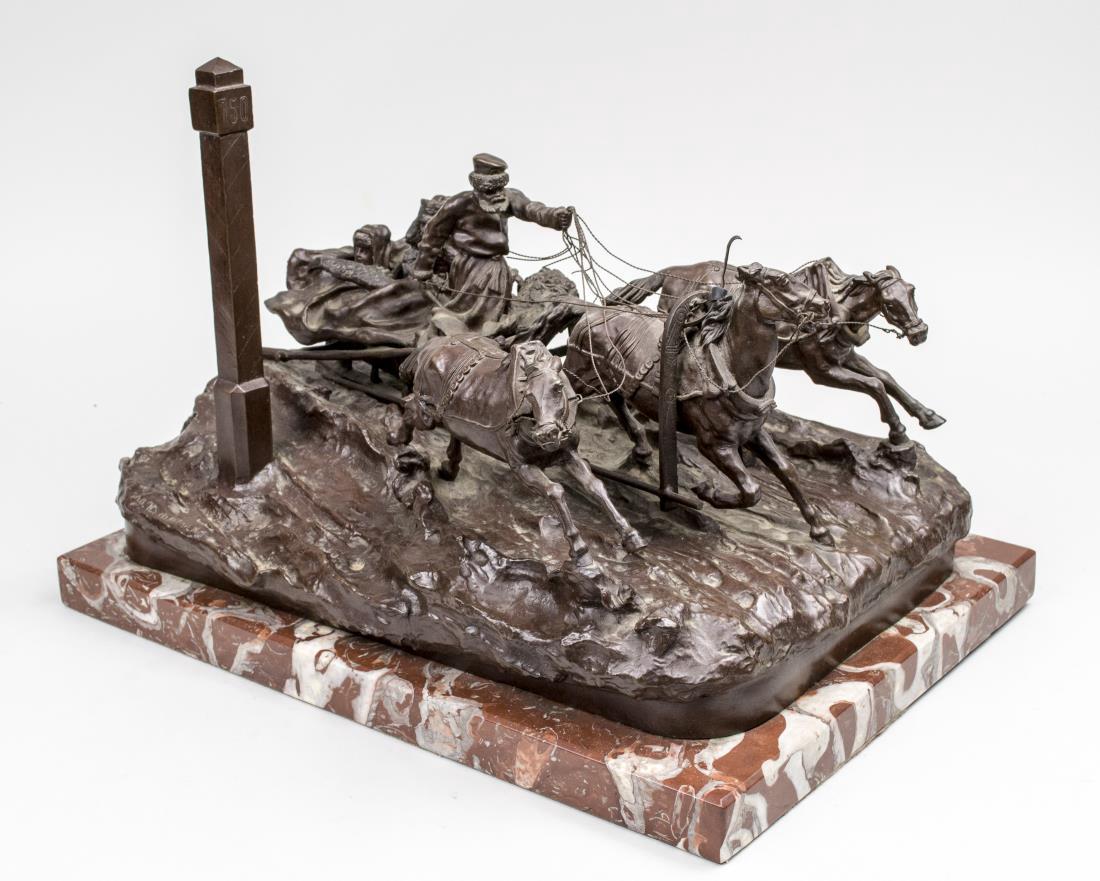 After Vasili Grachev (Russian, 1831-1905): Depicting figures in sleigh with three horses. Bronze, 20th century. Signed in Cyrillic. Height without base 10.5 inches. Red marble base Notice to bidders: Condition reports and additional photograph