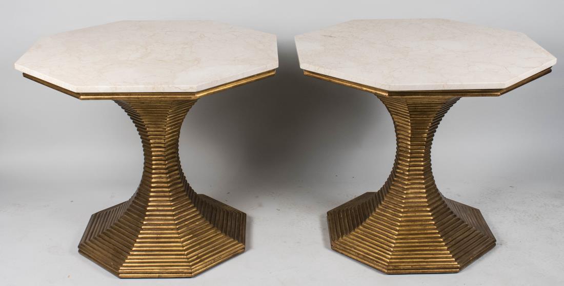 Pair of Octagonal Top Hourglass Tables: Tulung agung stone (Indonesian marble) top tables, on octagonal gold finished, reeded mahogany octagonal bases. Height 28 inches, diameter 32 inches. Provenance: David Laurence, Palm Beach, FL Notice 
