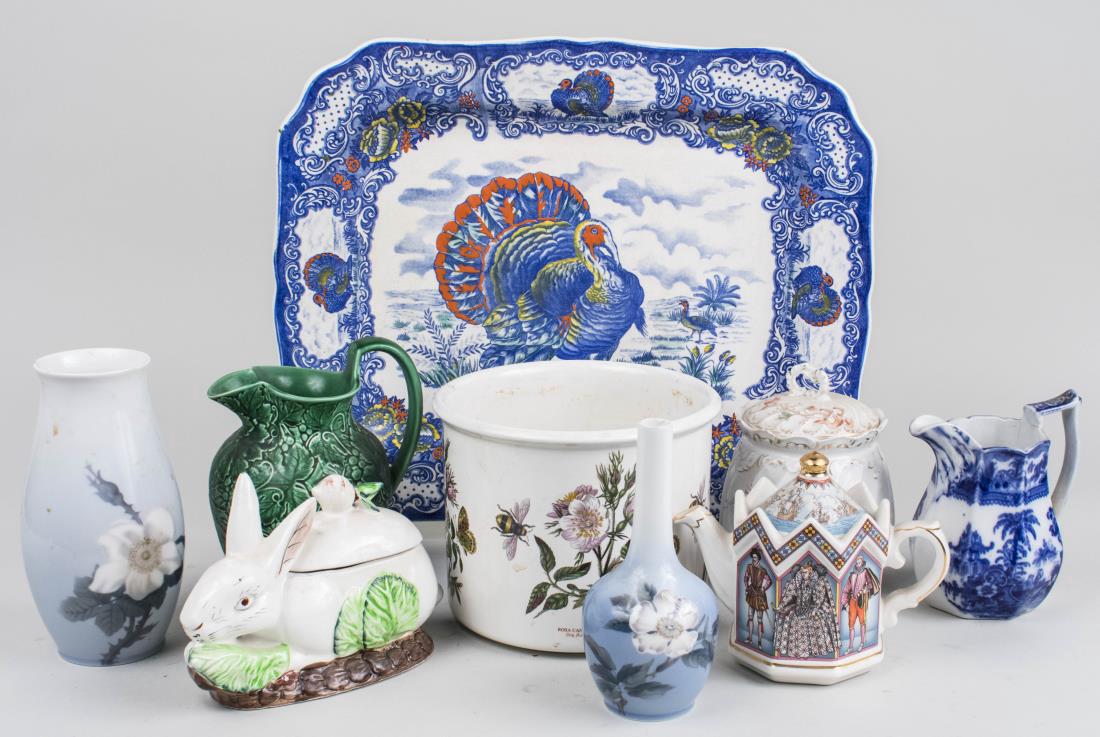 Group of Table Decorations: Including a ceramic tray, a rabbit form box, cachepot, teapot, etc. Tray, 16 x 18 3/4 inches. Notice to bidders: Condition reports and additional photographs are provided by request as a courtesy to o