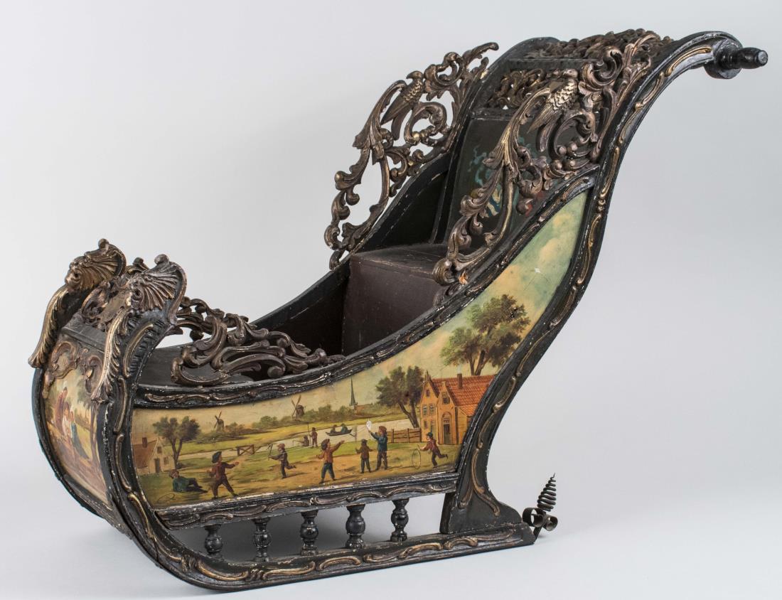 Dutch Painted Wood Sleigh: 18th century, polychrome painted miniature sleigh. Height 24 1/2 inches, width 20 inches, length 32 inches. Notice to bidders: Condition reports and additional photographs are provided by request as a