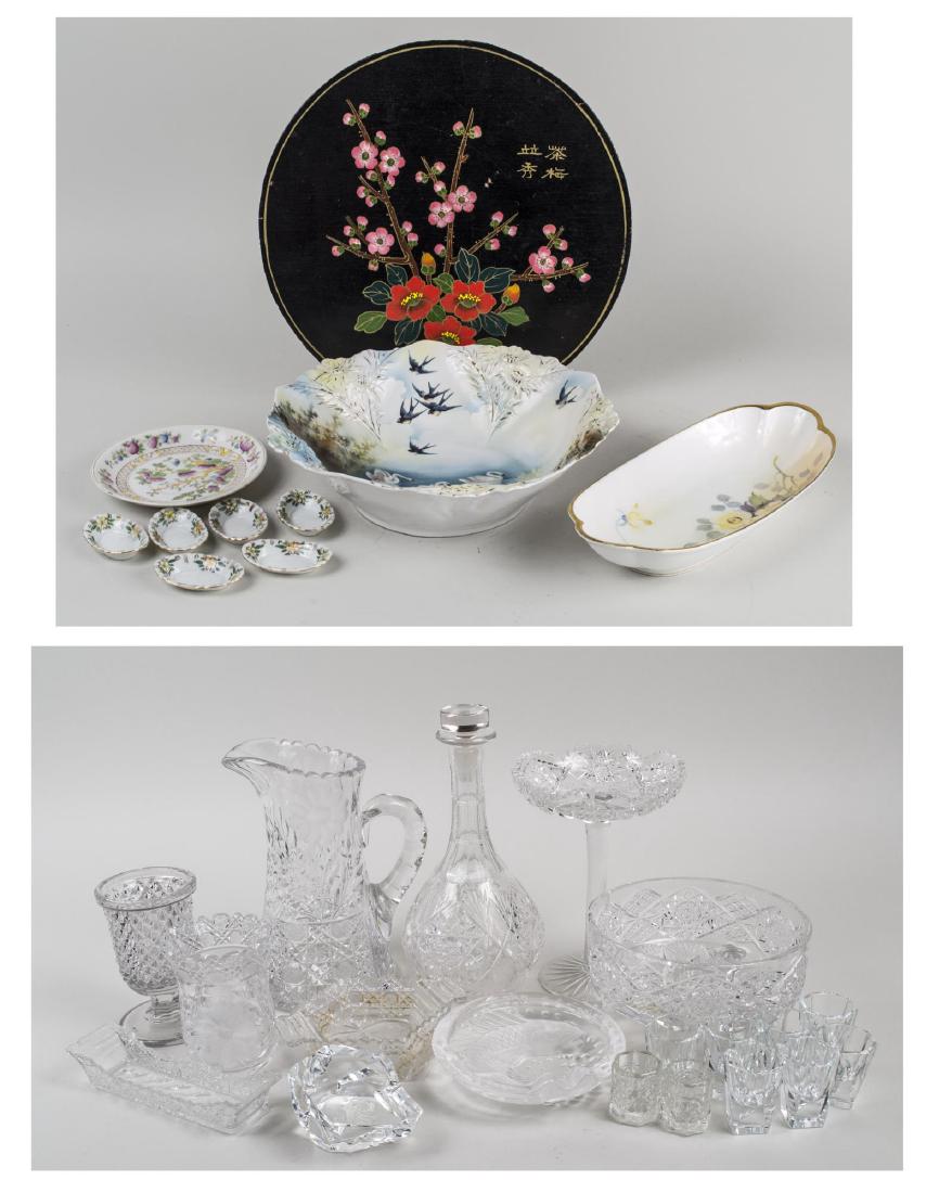 Group Porcelain & Colorless Glass Table Articles: Including leaded cut glass and pressed glass articles, a pitcher, compote, vase, footed vase, relish tray, set of six shot glasses, etc., pitcher, height 9 1/2 inches; together with an RS Prussia porc