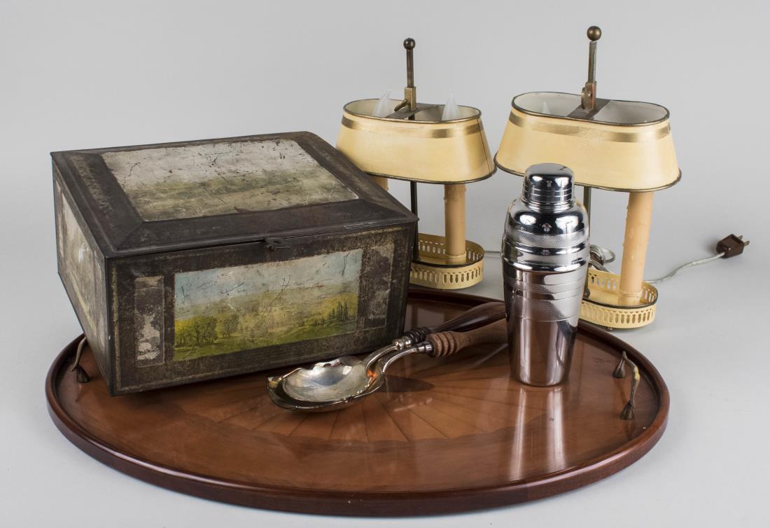 Miscellaneous Group of Table Articles: Including a pair of small lamps, wood oval tray, chrome cocktail shaker, etc. Wood tray, 16 3/4 x 24 3/4 inches. Notice to bidders: Condition reports and additional photographs are provided by request