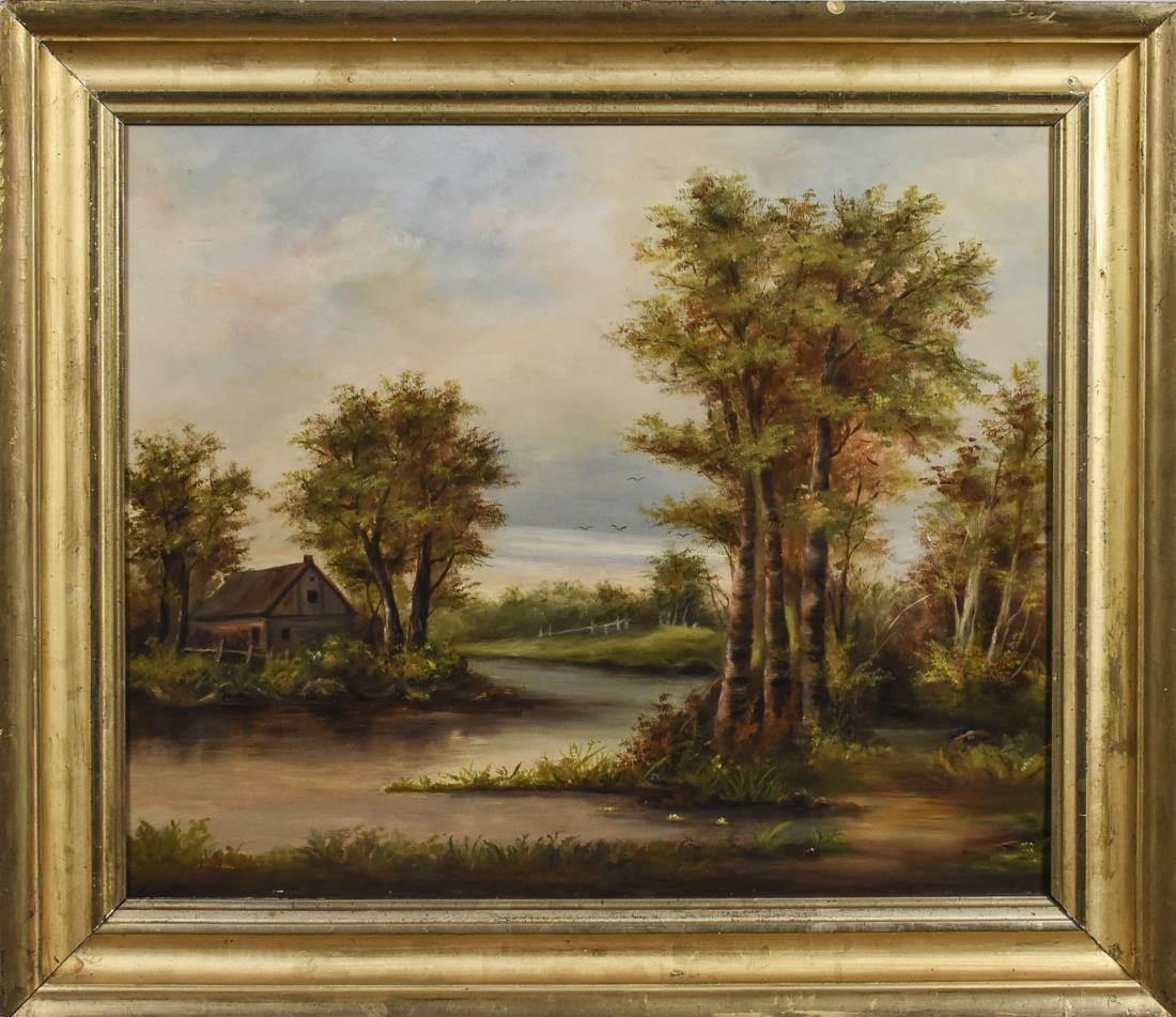 Continental School (19th/20th Century): Landscape. Oil on board, 19th/20th century. Unsigned. Sight size 16 x 19 inches. Framed. Notice to bidders: Condition reports and additional photographs are provided by request as a courtesy to our cl