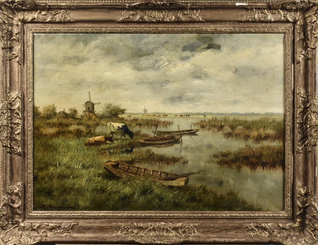 Continental School (19th/20th Century): Cow Pasture by a River. Oil on canvas. Signed illegibly lower left. Canvas size 20 x 28 inches. Framed. Notice to bidders: Condition reports and additional photographs are provided by request as a cou