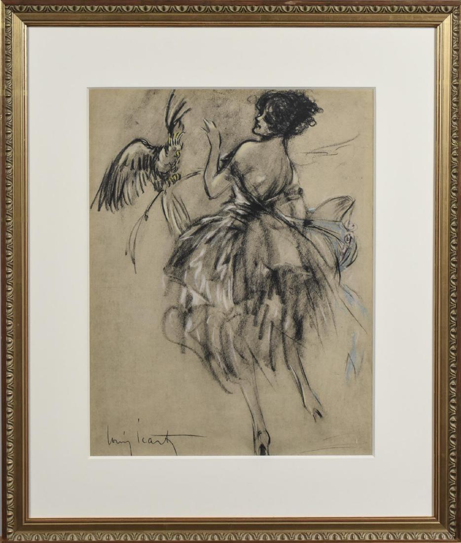 Louis Icart (French/American, 1888 - 1950): Woman with Bird. Charcoal and pastel on paper, early 20th century. Signed lower right. Sight size 16 x 13 inches. Matted and framed. Notice to bidders: Condition reports and additional photographs are