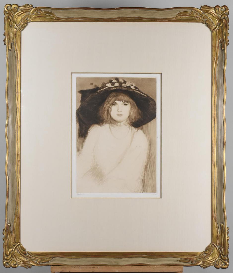 Edgar Chahine (French, 1874-1947): Germaine de Face en Buste. Drypoint, 1909. Signed lower left and numbered lower right 'ep 6/50.' Sight size 20 x 15 inches. Matted and framed. Notice to bidders: Condition reports and additional photo