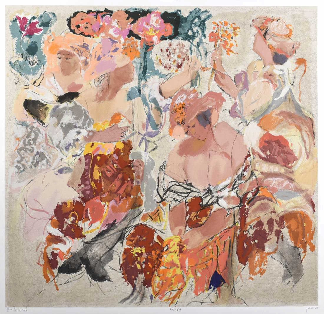 Lea Avizedek (Israeli, 20th Century): Women in Pink. Serigraph, 1970s. Signed, numbered 43/50 EA and inscribed in Hebrew in the lower margin. Sheet size 36.5 x 38 inches. Notice to bidders: Condition reports and additional photographs are