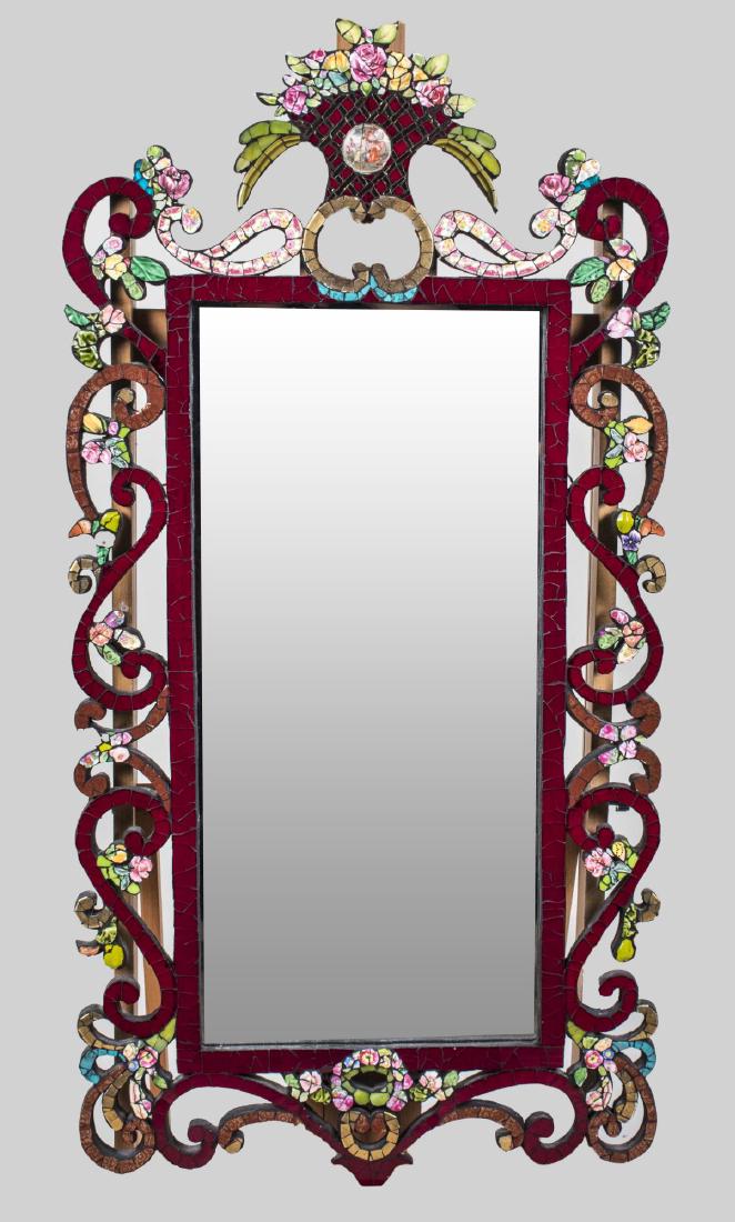 Spode Porcelain Decorated Mirror: Multicolored porcelain tile mosaic openwork scroll frame with floral and basket decoration, rectangular mirror plate. Height 47 inches, width 24 inches. Notice to bidders: Condition reports and additi