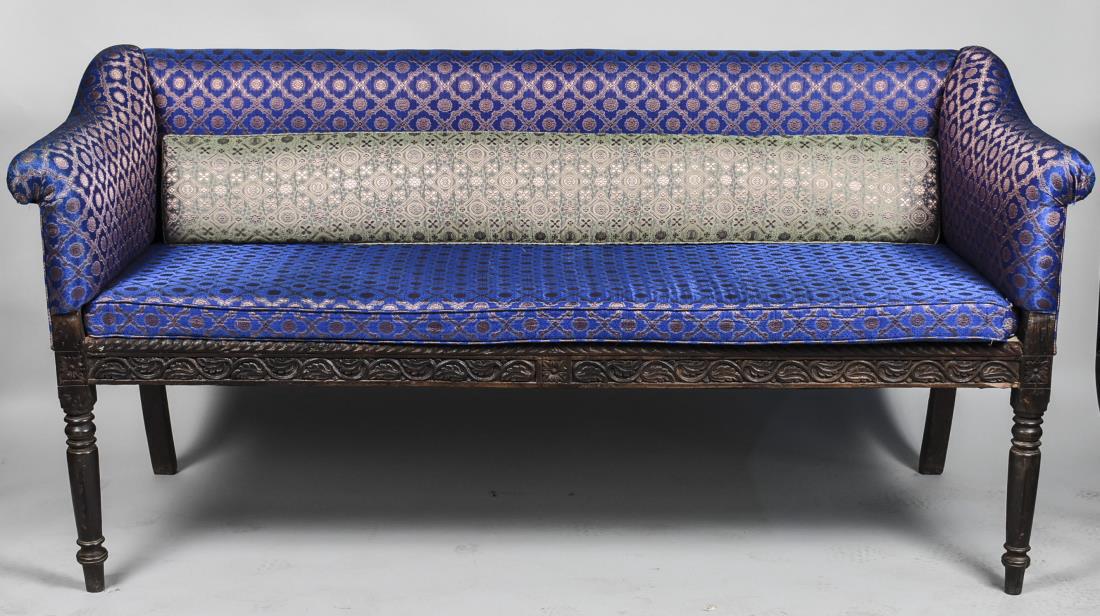 Egyptian Neoclassical Style Settee: Rectangular back, outscrolled arms, cushion seat, tapered turned legs. Height 40 inches, width 77 inches, depth 30 inches. Notice to bidders: Condition reports and additional photographs are provided 